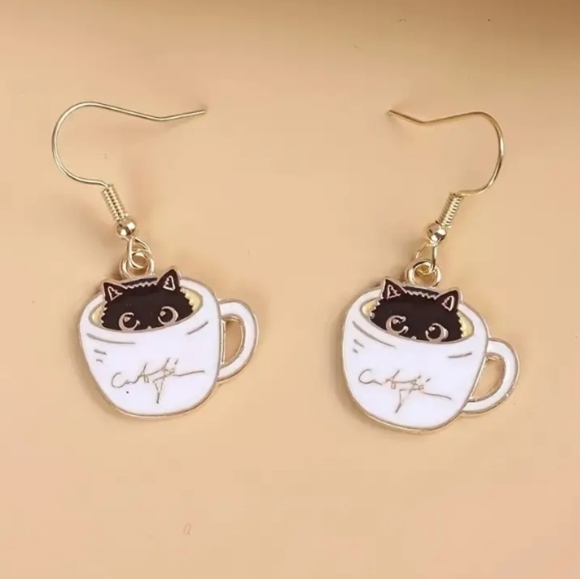 Black Cat in Coffee Cup Earrings - Picture 4 of 4
